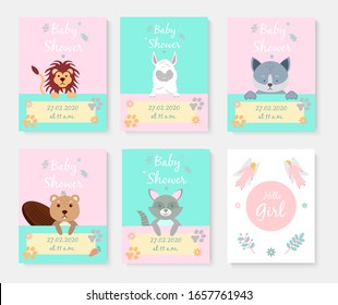 Set of Baby shower posters with cute animals. Greeting card, alpaca, lion, wolf, beaver, raccoon and angels. Vector illustration