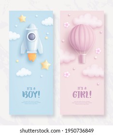 Set of baby shower rollup with cartoon rocket and air balloon on blue and pink background. It's a boy. It's a girl. Vector illustration