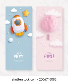 Set of baby shower rollup with cartoon rocket and hot air balloon on blue and pink background. It's a boy. It's a girl. Vector illustration