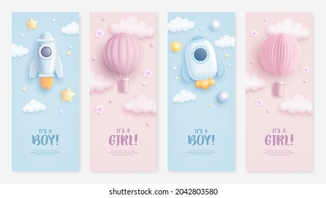 Set of baby shower rollup with cartoon rocket and hot air balloon on blue and pink background. It's a boy. It's a girl. Vector illustration