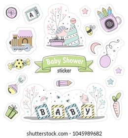 Set of Baby shower stickers. Isolated on a white background drawn by hand.