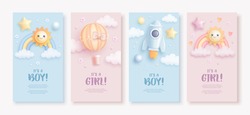 Set Of Baby Shower Vertical Banner Template For Social Networks Stories. Vector Illustration Of Cartoon Rainbow, Sun, Rocket And Hot Air Balloon On Blue And Pink Background. It's A Boy. It's A Girl