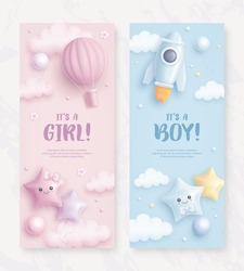 Set Of Baby Shower Vertical Banner With Cartoon Rocket And Hot Air Balloon On Blue And Pink Background. It's A Boy. It's A Girl. Vector Illustration