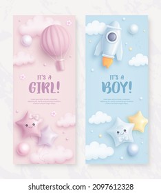 Set of baby shower vertical banner with cartoon rocket and hot air balloon on blue and pink background. It's a boy. It's a girl. Vector illustration - Shutterstock ID 2097612328