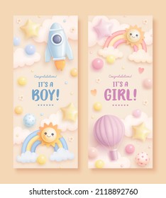 Set of baby shower vertical banner with cartoon rocket, hot air balloon, rainbow and sun on beige background. It's a boy. It's a girl. Vector illustration