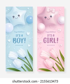 Set of baby shower vertical banner with cartoon balloons and realistic tulips on blue and pink background. It's a boy. It's a girl. Vector illustration