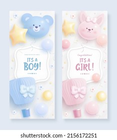 Set of baby shower vertical banner with cartoon bear, bunny, hot air balloon, balloons and flowers on light background. It's a boy. It's a girl. Vector illustration