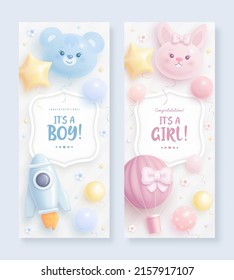 Set of baby shower vertical banner with cartoon bear, bunny, hot air balloon, rocket and balloons on light background. It's a boy. It's a girl. Vector illustration