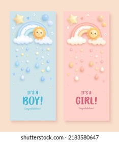 Set of baby shower vertical banner with cartoon rainbow, sun, helium balloons and flowers on blue and pink background. It's a boy. It's a girl. Vector illustration