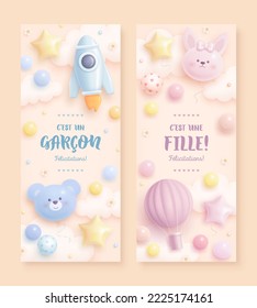 Set of baby shower vertical banner with cartoon rocket and hot air balloon on beige background. French lettering. Translation from French It's a girl. Vector illustration