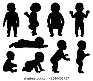 Set von Baby-Silhouetten stehend, sitzend, kriechend und liegend, Vektorgrafik.