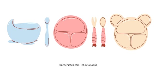 Set of baby silicone dining items for first feeding. Plate with suction cups, thermo spoon and fork for little girl and boy. Top and side view. Cutlery for kid, children. Isolated white background.