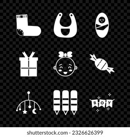 Set Baby socks clothes, bib, Newborn baby infant swaddled, crib hanging toys, Wax crayons for drawing, Carnival garland with flags, Gift box and Happy little girl head icon. Vector