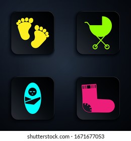 Set Baby socks clothes, Baby footprints, Newborn baby infant swaddled and Baby stroller. Black square button. Vector