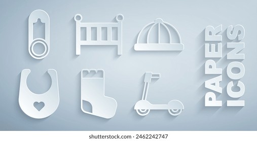 Set Baby socks, hat, bib, Roller scooter, crib cradle bed and clothes pin icon. Vector
