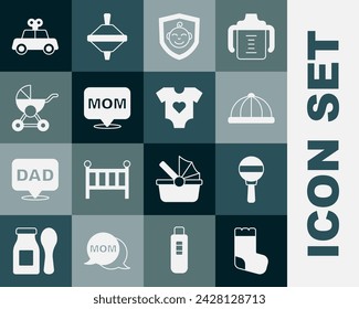 Set Baby socks, Rattle baby toy, hat, on shield, Speech bubble mom, stroller, Toy car and clothes icon. Vector