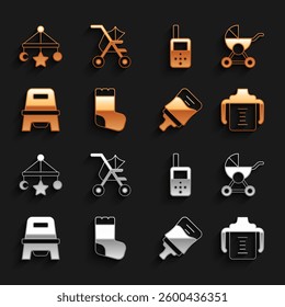 Set Baby socks, stroller, bottle, potty, monitor walkie talkie, crib hanging toys and  icon. Vector