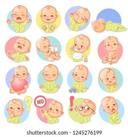 Set With Baby Stickers. Cute Little Baby Boy Or Girl As Smiley With Different Emotions. Face Expressions. Sad, Happy, Scared, Sleep,cry.  Template For Social Media, Messenger. Vector Illustration.