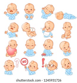 Set with baby stickers. Cute little baby boy as smiley with different emotions. Face expressions. Sad baby, happy baby, scared, sleep, cry.  Template for social media, messenger. Vector illustration.