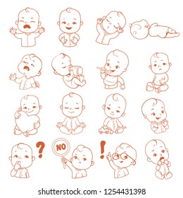 Set with baby stickers. Cute little baby boy as smiley with different emotions. Face expressions. Sad baby, happy baby, scared, sleep, cry.  Template for social media, messenger. Vector illustration.