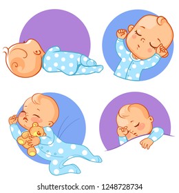 Set Of Baby Stickers, Emoji. Baby Sleep In Various Poses. Kids Dream. Baby Boy With Different Emotions. Facial Expression. Vector Illustration.