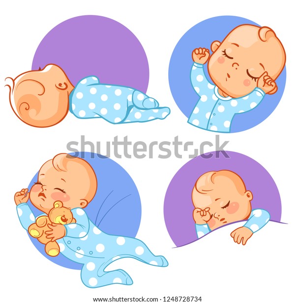 赤ちゃんのステッカー 絵文字のセット 赤ちゃんはいろいろなポーズで寝る 子供は夢を見る 感情の異なる少年 表情 ベクターイラスト のベクター画像素材 ロイヤリティフリー
