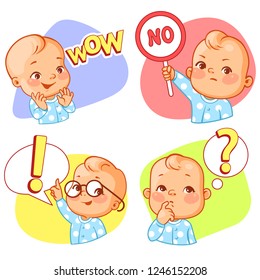 Set of baby stickers, smiley, emoji. Baby say wow, no, question mark. Baby boy with different emotions. Facial expression. Vector illustration.