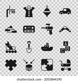 Set Baby stroller, ABC blocks, Boomerang, Whirligig toy, Toy piano, building bricks, Basketball backboard and Ray gun icon. Vector