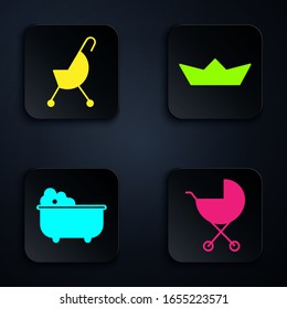 Set Baby stroller, Baby stroller, Baby bathtub and Folded paper boat. Black square button. Vector