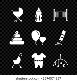 Set Baby stroller, bottle, crib cradle bed, clothes, hanging toys, Pyramid and Balloons form of heart icon. Vector
