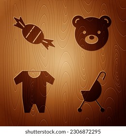 Set Baby stroller, Candy, Baby clothes and Teddy bear plush toy on wooden background. Vector