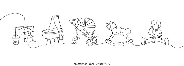 Set of baby stroller, baby carrier, bed, mobile and horse toy one line art. Continuous line drawing of childhood, safety, protection, crib, children s sleep, sleep, relaxation, recreation.