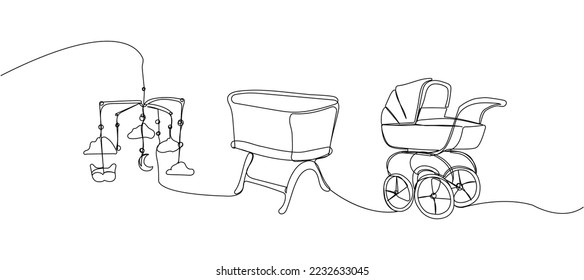 Set of baby stroller, baby carrier, bed and mobile one line art. Continuous line drawing of childhood, safety, protection, crib, children s sleep, sleep, relaxation, recreation.