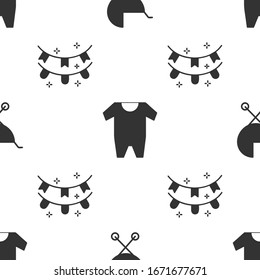 Set Baby stroller, Baby clothes and Carnival garland with flags on seamless pattern. Vector