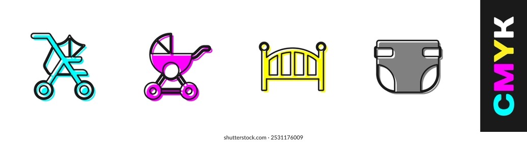 Set Baby stroller, crib cradle bed and diaper icon. Vector