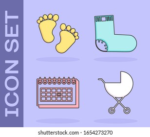 Set Baby stroller, Baby footprints, Calendar and Baby socks clothes icon. Vector