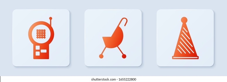 Set Baby stroller, Baby Monitor Walkie Talkie and Party hat. White square button. Vector