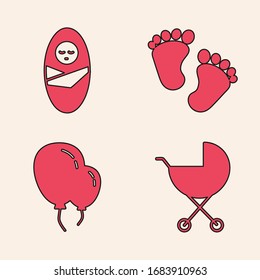 Set Baby stroller, Newborn baby infant swaddled, Baby footprints and Balloons with ribbon icon. Vector