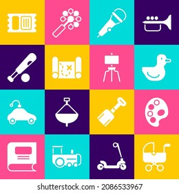 Set Baby stroller, Palette, Rubber duck, Microphone, Pirate treasure map, Baseball bat with ball, Circus ticket and Wood easel icon. Vector