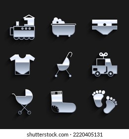 Set Baby stroller, socks clothes, footprints, Toy car, onesie, absorbent diaper and train icon. Vector