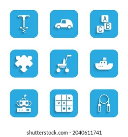 Set Baby Stroller, Tic Tac Toe Game, Jump Rope, Toy Boat, Robot Toy, Puzzle Pieces, ABC Blocks And Pogo Stick Jumping Icon. Vector