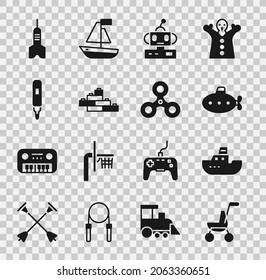 Set Baby stroller, Toy boat, Submarine toy, Robot, building block bricks, Marker pen, Dart arrow and Fidget spinner icon. Vector