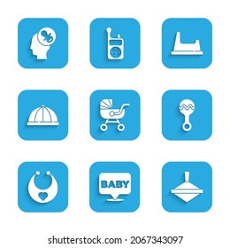 Set Baby stroller, Whirligig toy, Rattle baby, bib, hat, potty and dummy pacifier icon. Vector