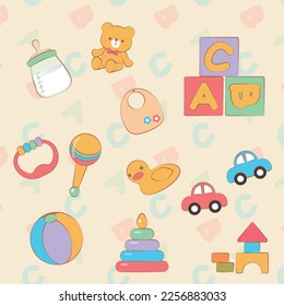 A set of baby stuff with cars, blocks, balls, dolls and more