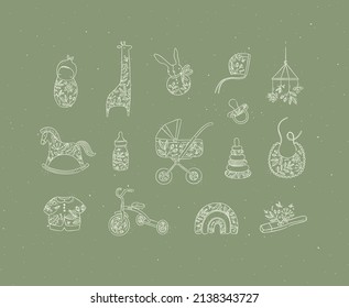Set of baby stuff child, giraffe, toy, rabbit, doll, hat, horse, bottle, milk, stroller, baby carriage, napkin, clothes, bicycle, thermometer drawing in graphic style on green background.