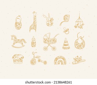 Set of baby stuff child, giraffe, toy, rabbit, doll, hat, horse, bottle, milk, stroller, baby carriage, napkin, clothes, bicycle, thermometer drawing in graphic style on beige background.