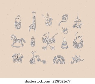 Set of baby stuff child, giraffe, toy, rabbit, doll, hat, horse, bottle, milk, stroller, baby carriage, napkin, clothes, bicycle, thermometer drawing in graphic style on peach background.