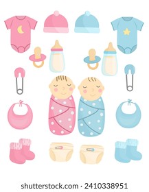 Set of baby stuff, baby with clothes and pin, bottle, pacifier, bib and diapers, set of newborn elements 