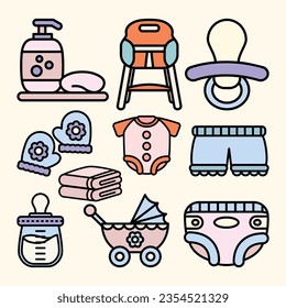 Set of Baby Stuff Cute Flat Line Illustration