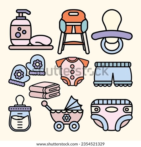 Set of Baby Stuff Cute Flat Line Illustration
